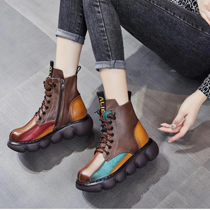 New Autumn Boots Women Mixed Colors Shoes Fashion Round Toe Lace Up Casual Thick-soled Ladies Flat Platform Short Boots