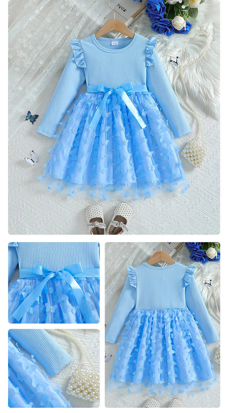 Custom Made Girls' Dresses Girl Three Butterfly Sweet Mesh With Belt Long Sleeved Dress Vestidos De Bebê