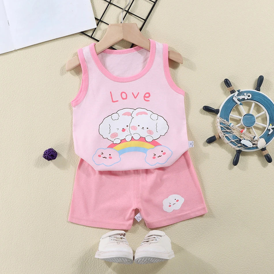 2 Pcs Summer Children's Animal Cartoon Print Vest Sets Girls Clothes Baby Korean Thin Boys Kids Sleeveless Casual Clothing Sets