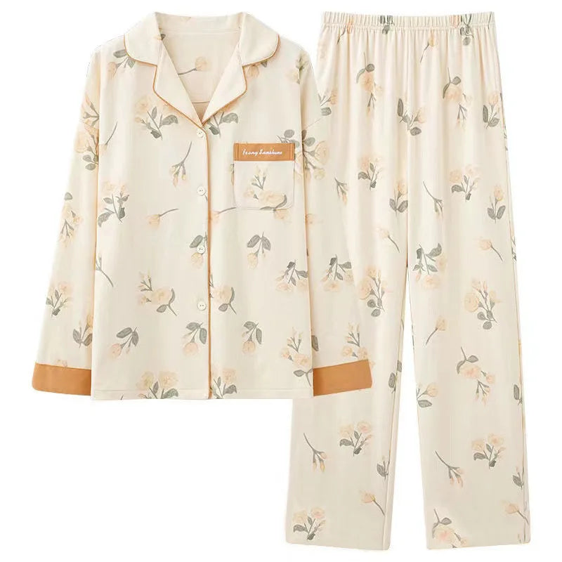 Ladies 100% Pure Cotton Long Sleeve Spring Autumn Lightweight Full Cotton Set Cardigan Sleepwear for Middle-Aged Mothers