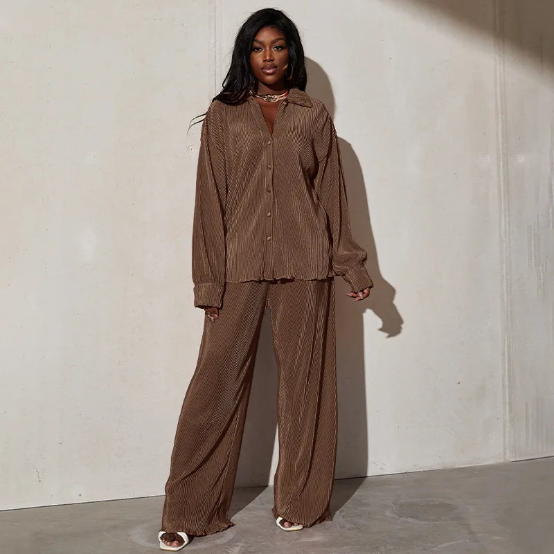CM.YAYA Pleated Women's Set Long Sleeve Shirt Tops and Straight Wide Leg Pants Elegant Tracksuit Two 2 Piece Set Fitness Outfits