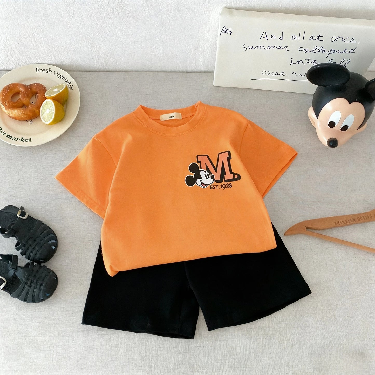 Disney Cartoon Car Fashion Short Sleeve Suit Printed T-shirt Shorts Boys 2pc/set Children's Clothing Summer Casual Tracksuits