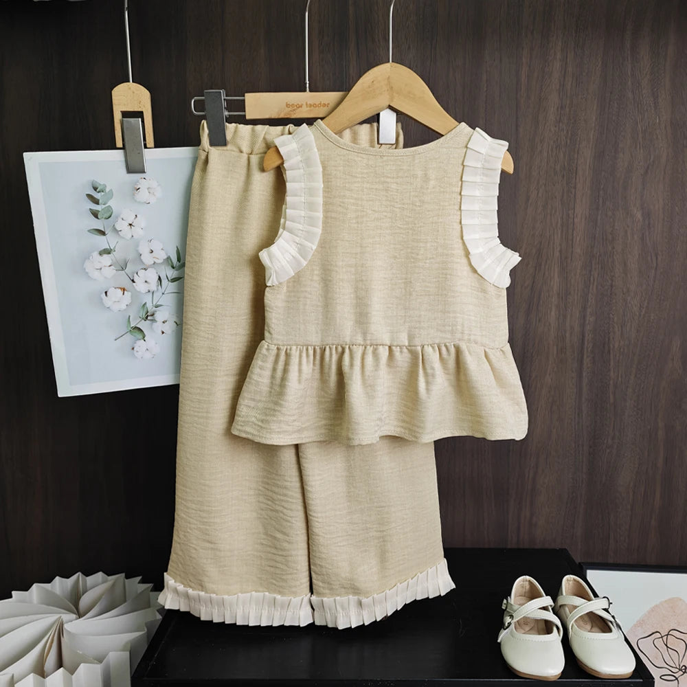 Bear Leader Korean Version Kids Clothes Girls Blue Imitation Denim Suit Summer New Sleeveless Top+Wide Leg Pants Two-piece Set