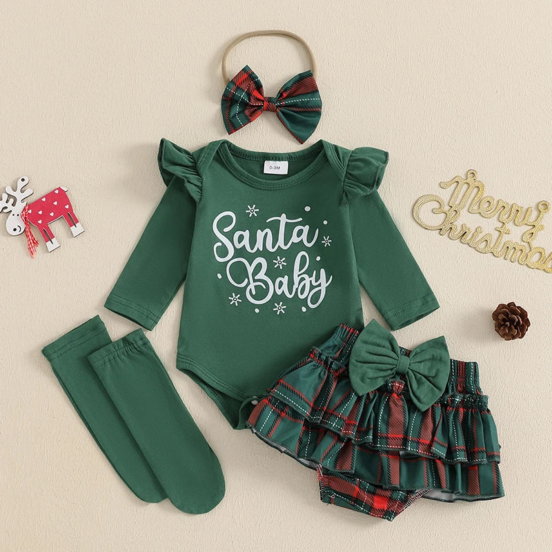 2024-08-20 Lioraitiin Christmas Infant Baby Girl Outfit Letter Ruffle Long Sleeve Romper Plaid Layered Ruffle Shorts Clothes