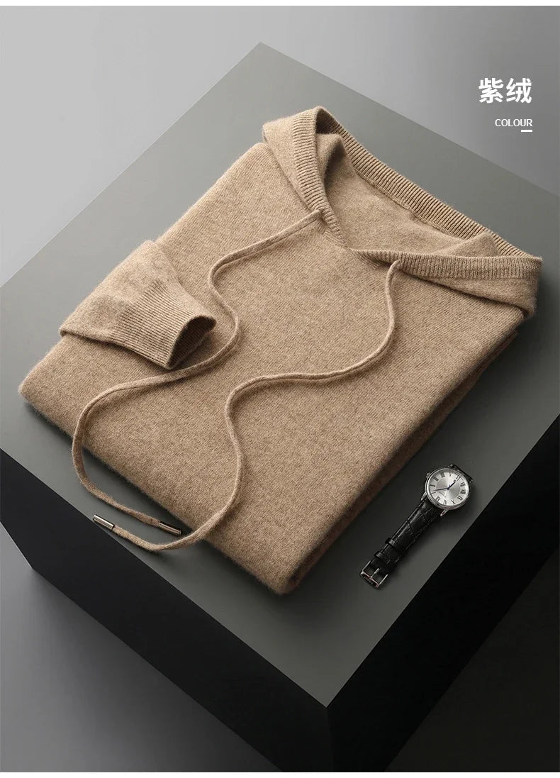 Men's One-piece ready-to-wear Hoodie 100% Merino Wool Knitted Sweatshirt Autumn Winter Casual Large Top Long Sleeved