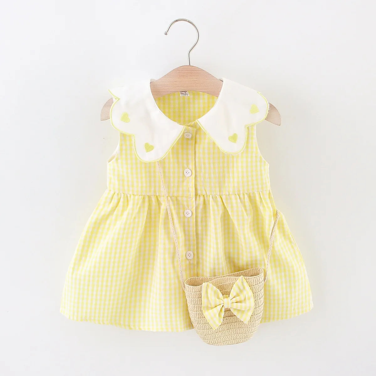 2 Pcs Summer New Dress Girl's Sleeveless Lace Heart Collar Sweet and Beautiful Plaid Button Cotton Cloth Dress