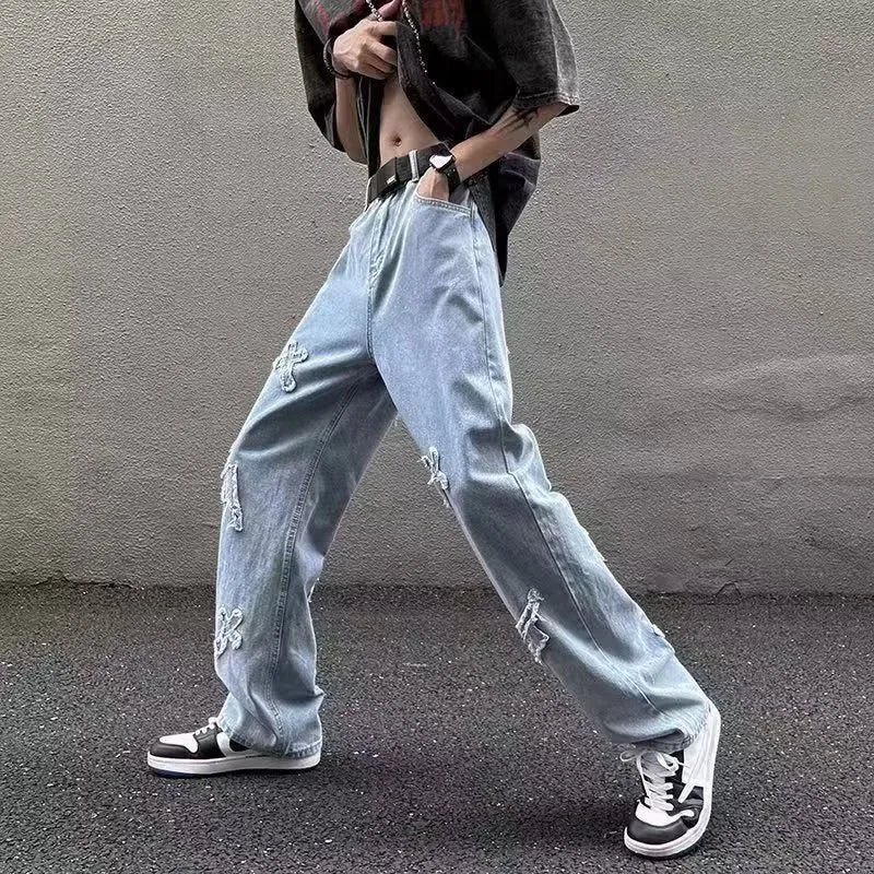 Men Straight Leg Denim Jeans Male New Fashion Casual Loose High Street Y2k Pants New Wide Leg Hip Hop Black Blue Pants
