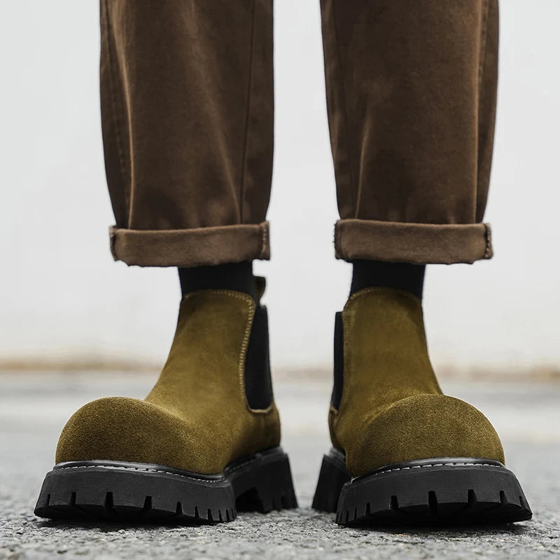 High Quality Fashion Mens Boots Black Boots Fashion Casual British Style Thick Bottomed Mid-top Chelsea Boots Large Size