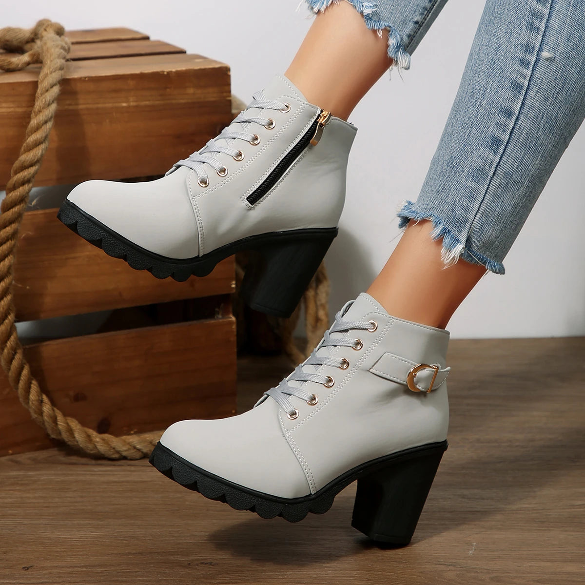 2025 Women High Heel Ankle Boots Autumn Lace Up Comfortable Short Boots Retro Fashion New Trend Lady Shoes Women Botas De Mujer