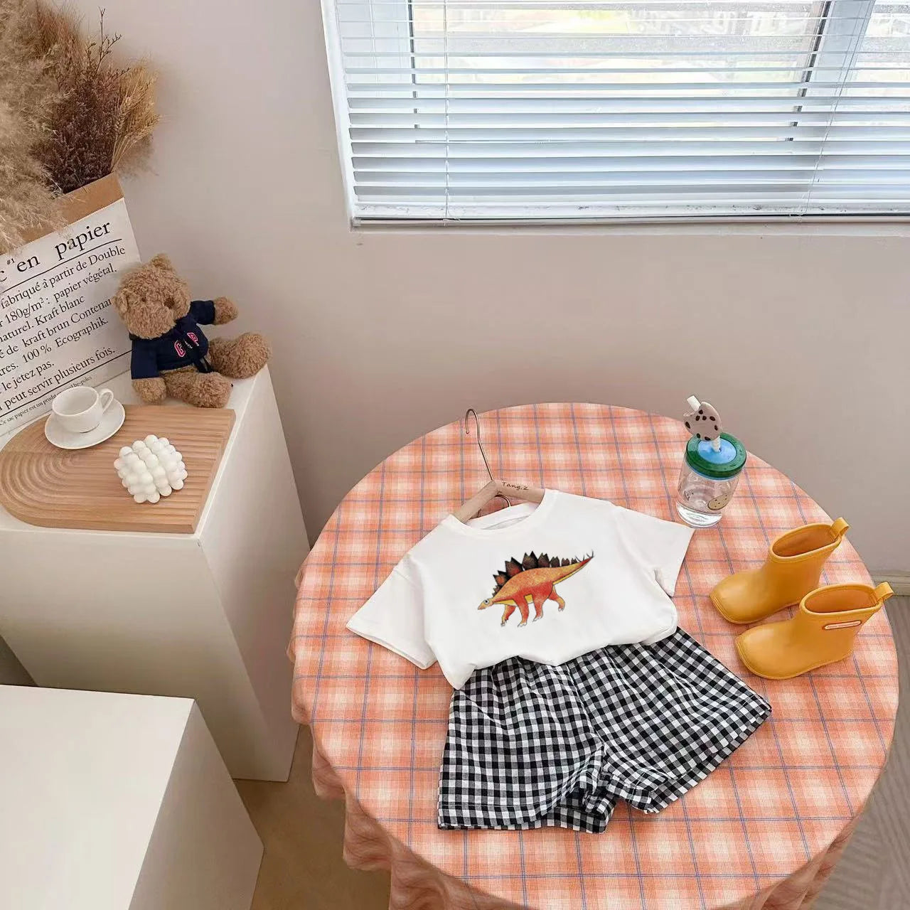 2Pcs Baby Clothes Set Newborn Boys Casual Dinosaur Print Short Sleeved T-shirt+plaid Shorts Toddler Girl Summer Kids Outfit Set