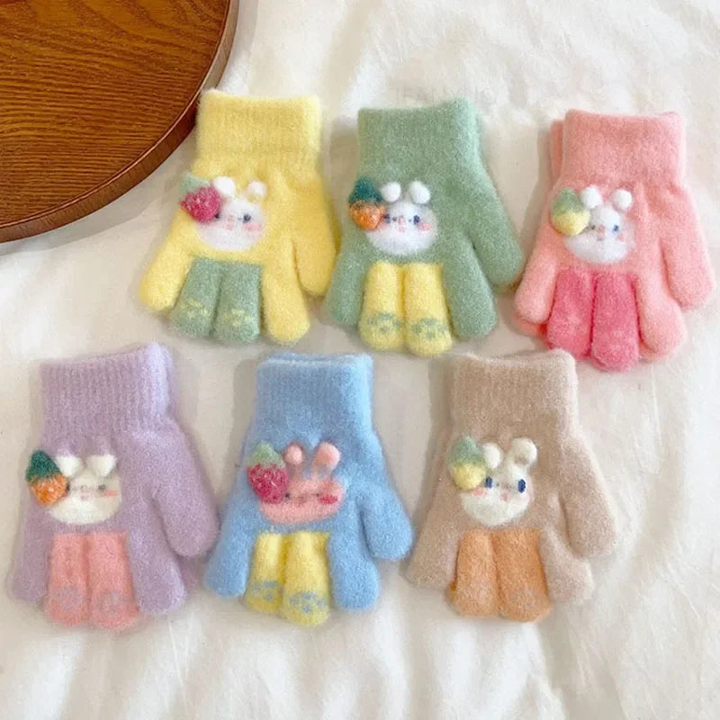 3-6Ages Children's Cute Strawberry Rabbit Kids Warm Gloves Autumn Winter Baby Boys Girls Five Finger Mittens Kindergarten Glove