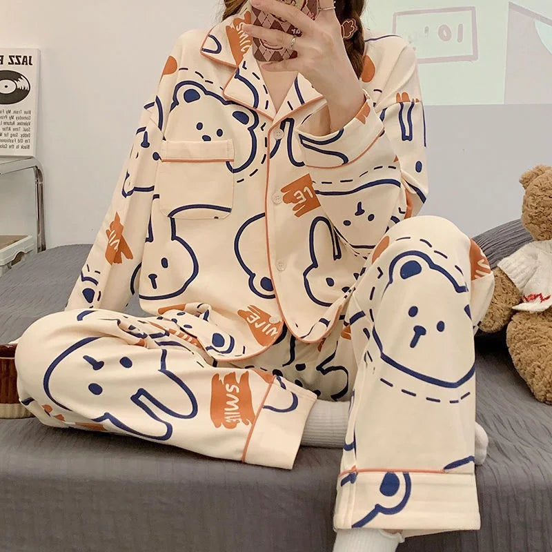 Antibacterial Pure Cotton Sleepwear Set for Women Loose Long Sleeve Home Clothes Cardigan Pants Fashionable Korean Style