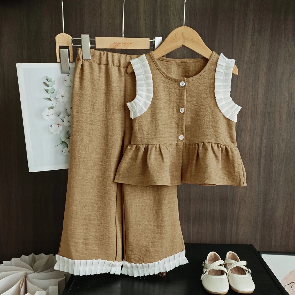 Bear Leader Korean Version Kids Clothes Girls Blue Imitation Denim Suit Summer New Sleeveless Top+Wide Leg Pants Two-piece Set