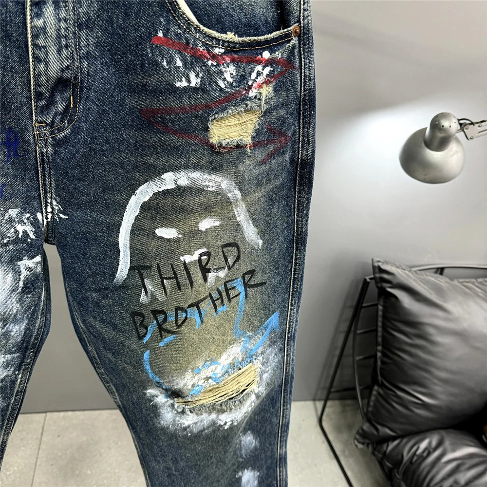 High End Men'S Clothing Hip Hop Graffiti Baggy Jeans For Men Streetwear Skateboard Ripped Jeans Korean Trendy Denim Trousers