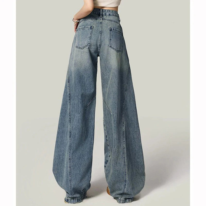 New Designer Women Thin Solid Jeans Girls Fashion High Waist Straight Leg Pants Lady Chic Ripped Baggy Denim Trousers