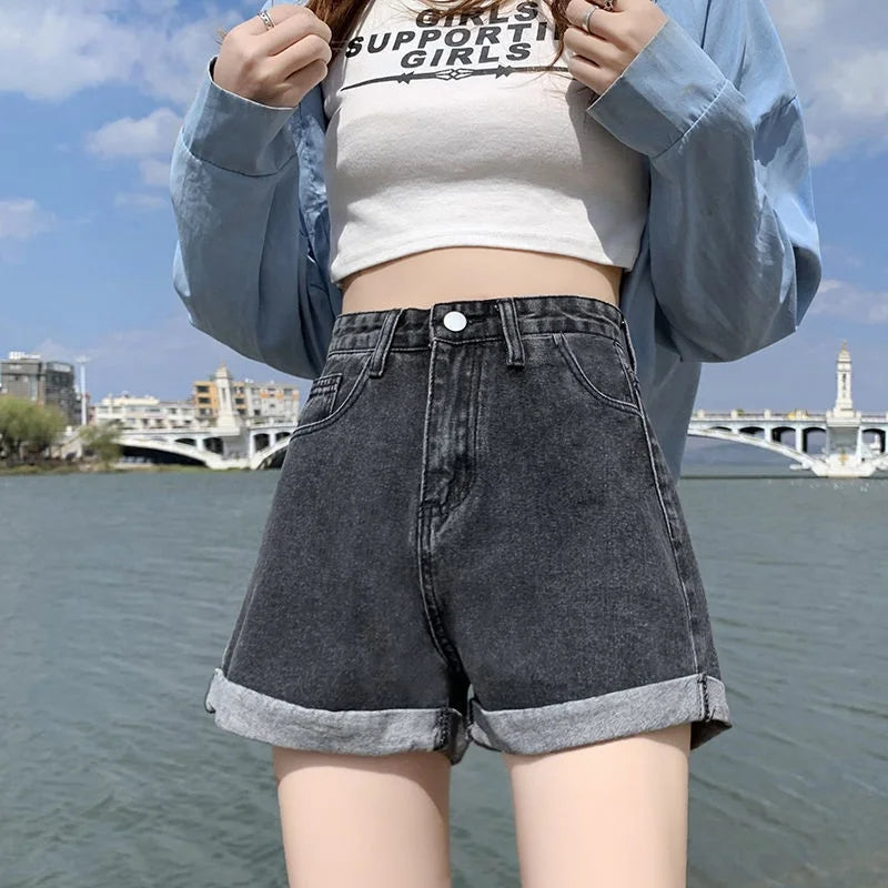 High Waist Loose Fit A- Line Wide Leg Short Jeans Women's Summer Thin New Style Fashionable Cuffed Hot Pants Trendy INS