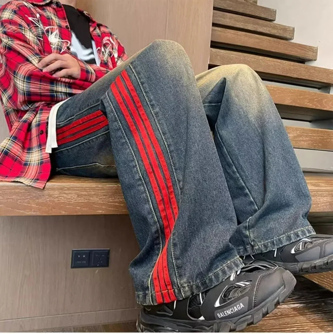 American Style Retro Men's Straight Leg Jeans Spring Autumn Trendy High Street Loose Wide Leg Long Pants Water Washed