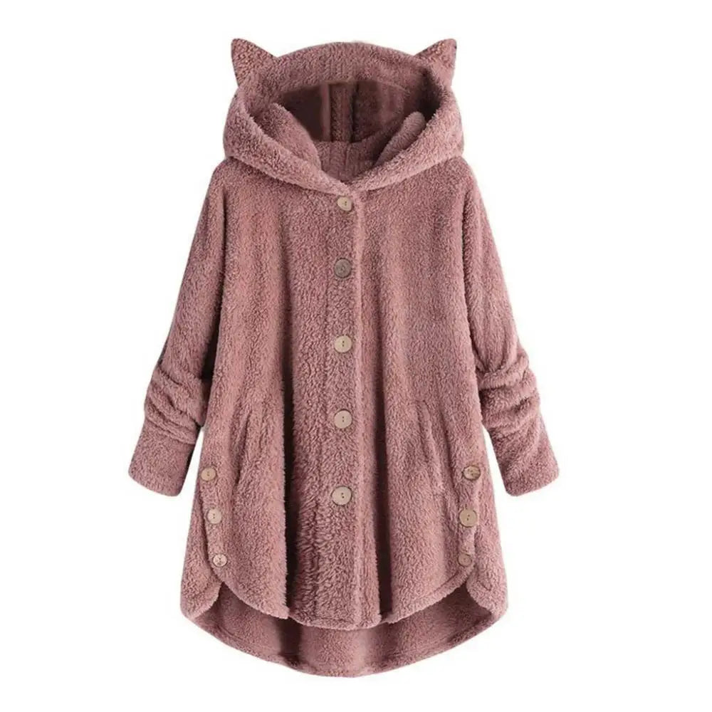 Cat's Ears Women Hoodie Plus Warm Hooded Sweatshirt Cute Winter Cute Ears Hooded Irregular Hem Buttons Jacket Fleece Coat