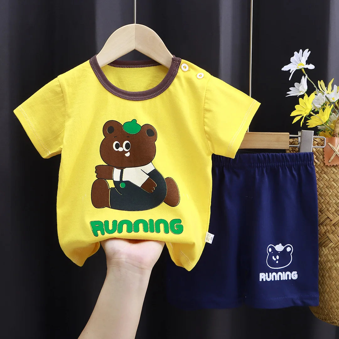 New Boys Summer Clothing Set Full Bear Print Cotton Short Sleeve T-shirts and Shorts 2PCS Breathable Outfit For Girls