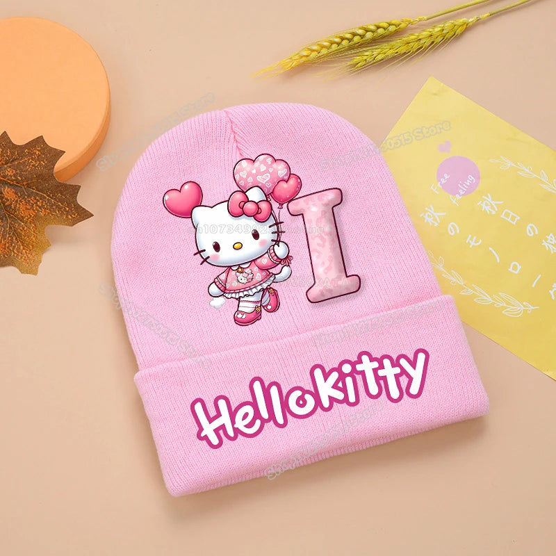 Hello Kitty Kids Knitting Hats Cute Letter A-Z Girl Winter Beanies Cartoon Print Weaved Bonnet Winter Warm Children Beanies Caps