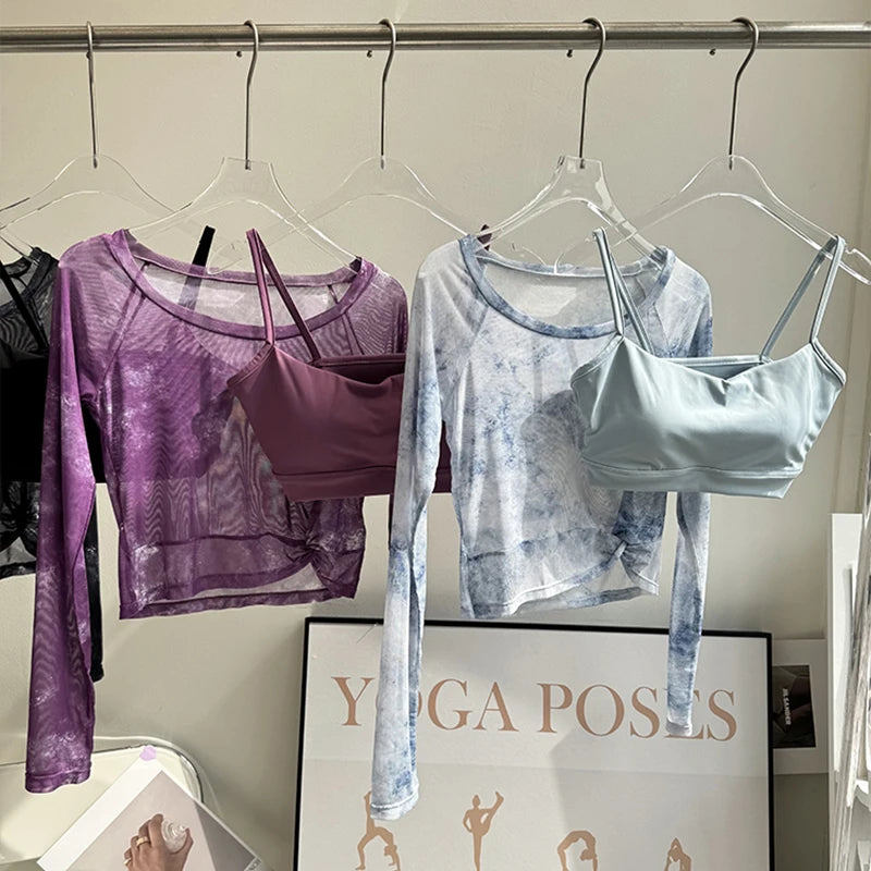 2PCS Gym Top Bra with T-Shirt Women Fitness Sport Crop Top Sexy Long Sleeve Shirt Quick Dry Yoga Shirt Outdoor Clothes