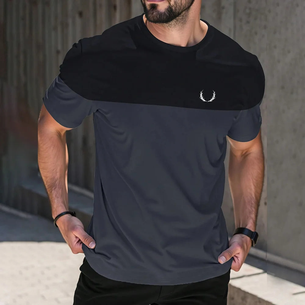 2025 Fashion Men's Color Blocking Printed T-Shirt Casual Street Male Crew Neck Short Sleeve T Shirt Large Size Menswear Clothing