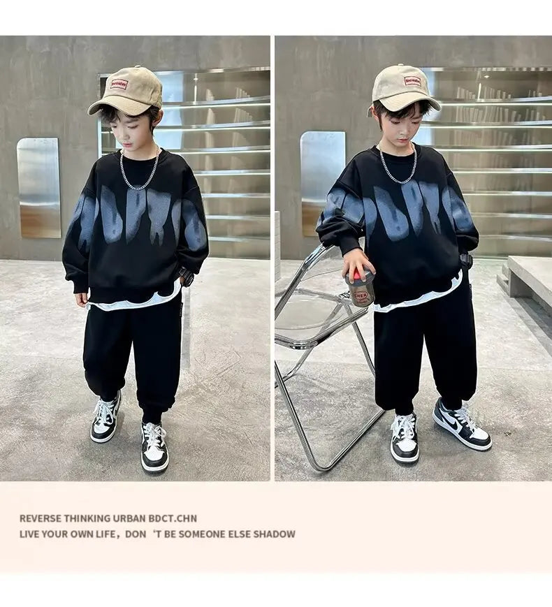 2025  winter autumn Boys Clothes Set cotton loose Sweatshirt hooded + Pants Tracksuits Kids Suit Children 4 8 9 10 11 12 14 Year