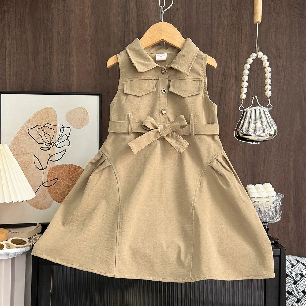 Bear Leader Fashion Girls Windbreak Dresses Summer Sleeveless Work Outfits with Waistband Solid Color Kids Clothes