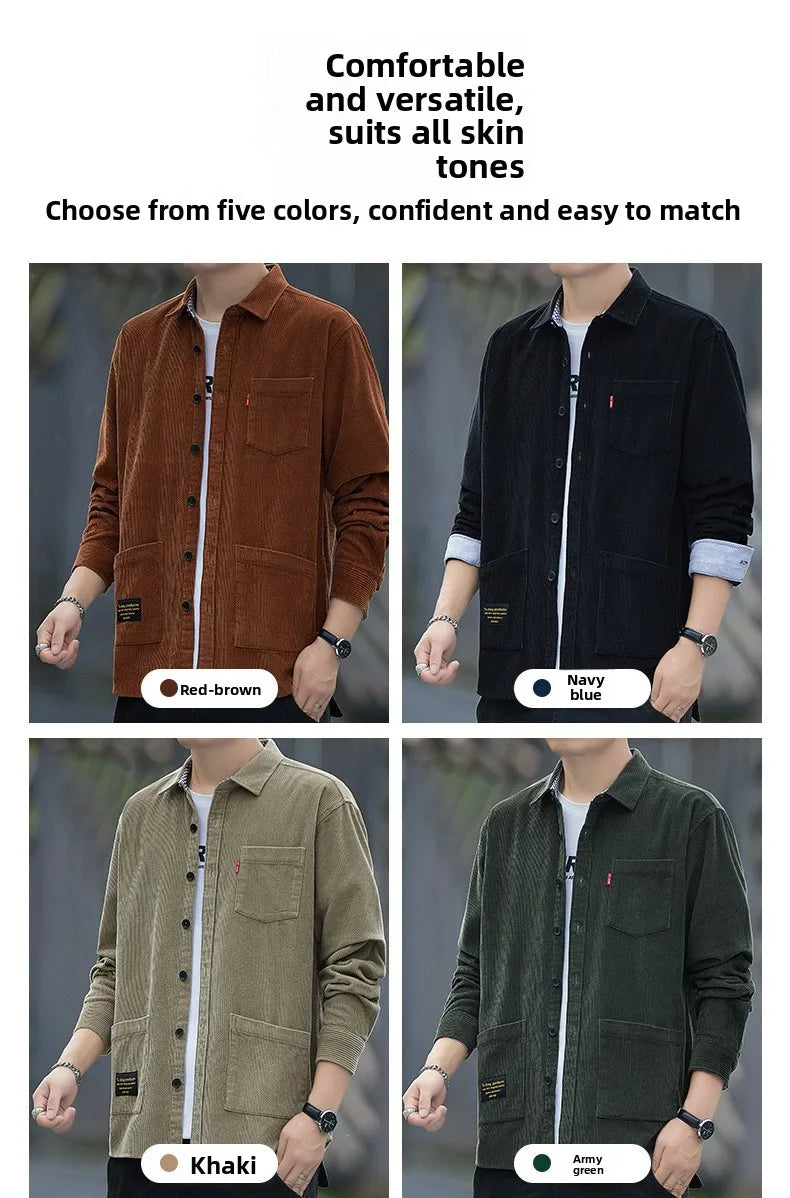 Corduroy Long Sleeve Shirt Casual Slim Fit Youth Multi Pocket Wear Resistant Fashionable Spring Autumn Men's Outerwear