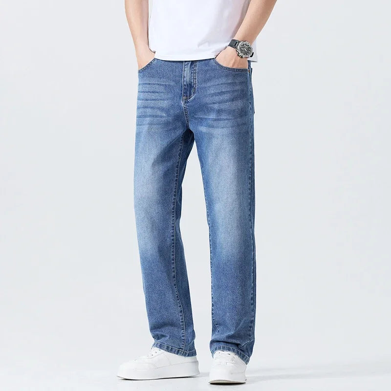 Summer Thin Straight Jeans Men's Clothing Soft Breathable Trousers Male Brand Comfortable Business Loose Denim Pants