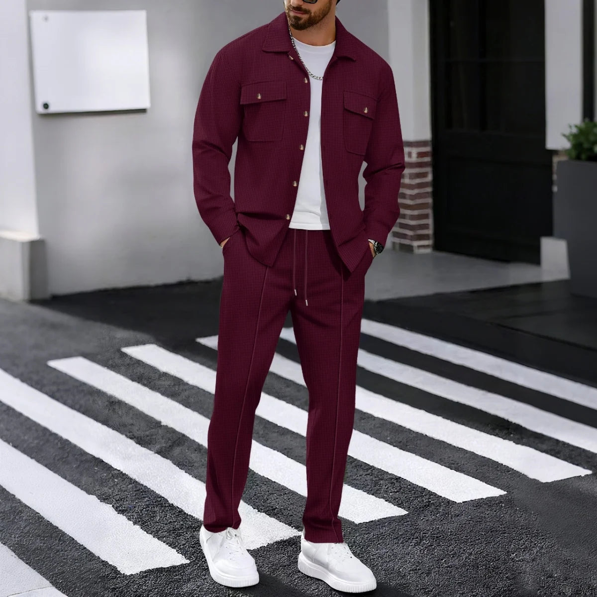 Men's Spring Autumn Casual Suit Street Style Solid Color Loose-Padded Long-Sleeved Two-Piece Set Fashionable Outerwear Suit set