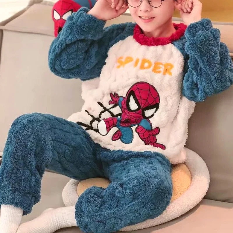 Winter Marvel Children Clothing Boys Sleepwear Set Flannel Thick Long Sleeve Warm Set Pajamas Two Pieces Kids Clothes Spiderman