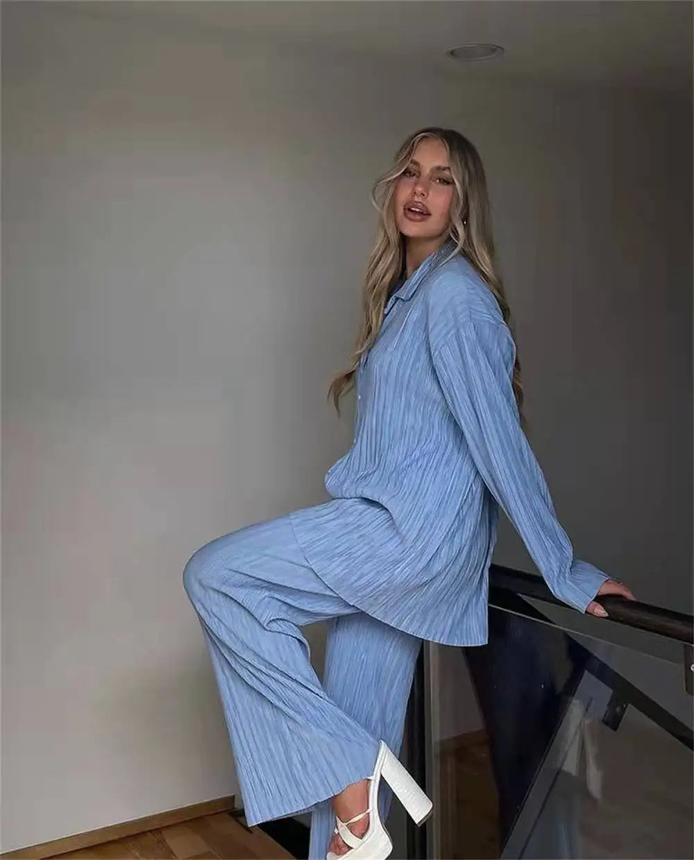 CM.YAYA Pleated Women's Set Long Sleeve Shirt Tops and Straight Wide Leg Pants Elegant Tracksuit Two 2 Piece Set Fitness Outfits