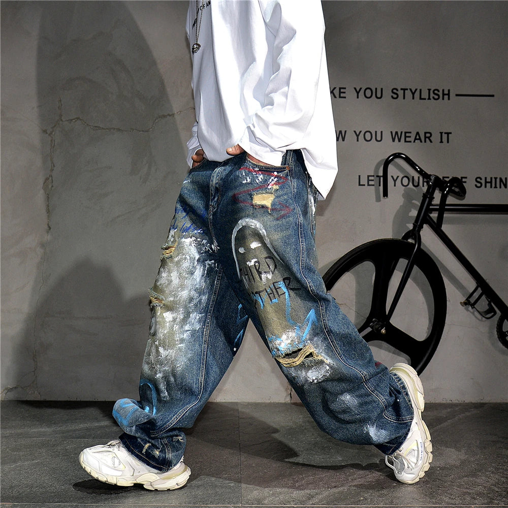 High End Men'S Clothing Hip Hop Graffiti Baggy Jeans For Men Streetwear Skateboard Ripped Jeans Korean Trendy Denim Trousers