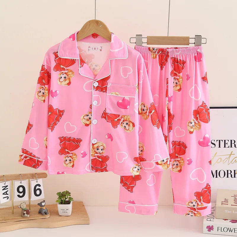 Cartoon New Spring Autumn Children's Pajamas Set Girls Boys Teenagers Stitch Long-sleeved and Pants Outside Home Clothes Set
