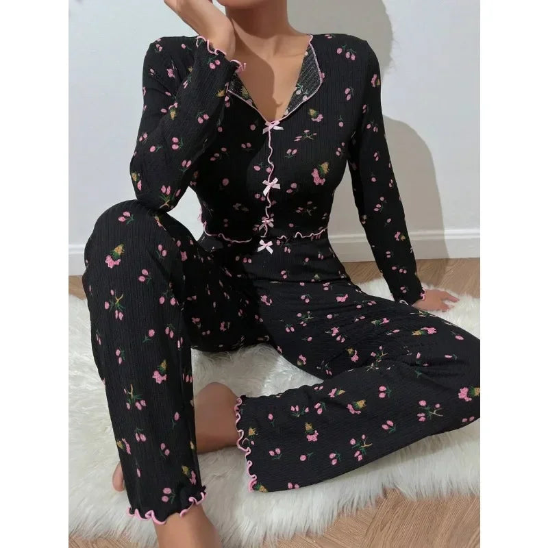 Women Sleepwear Autumn Winter Floral Print Pajamas Set Long Sleeve Top and Long Pants 2 Piece Casual Homewear Loungewear
