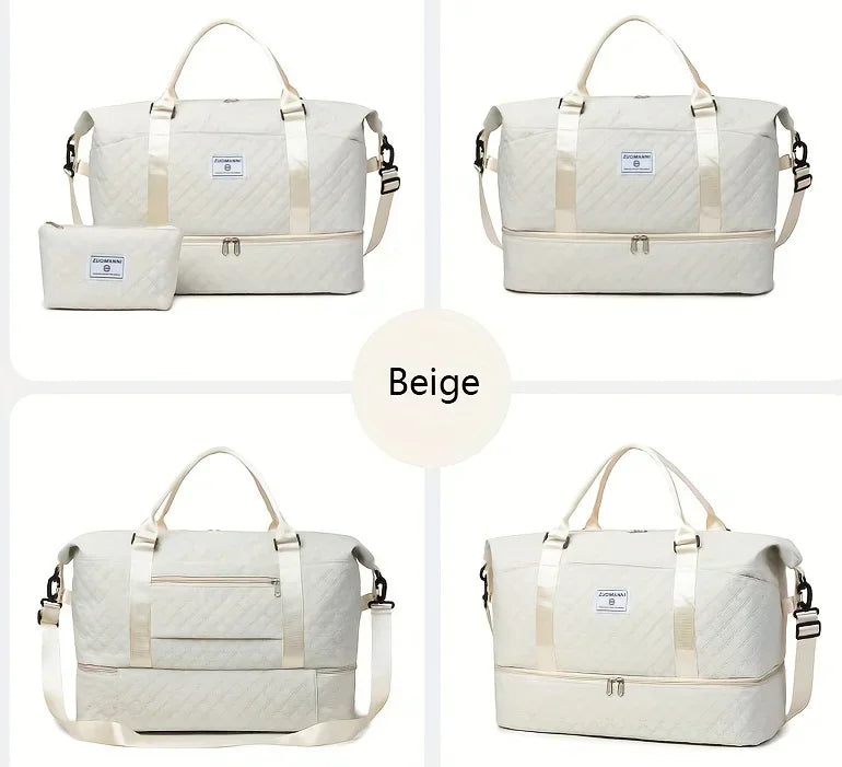 2pcs Set Large Capacity Travel Duffel Bag with Shoe Compartment and Cosmetic Pouch, Casual Nylon Gym Bag, Weekend Overnight Bag