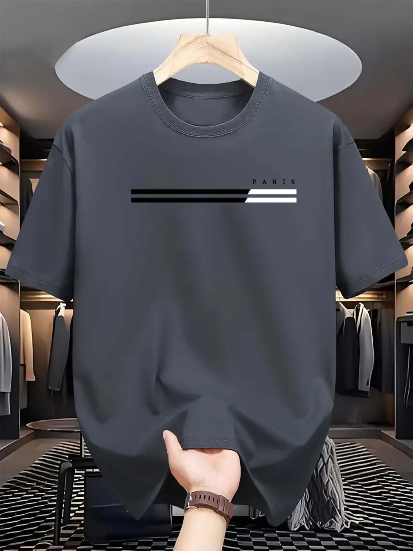 Men's summer loose size PARIS letter Graphic printed slim fit casual sports round neck short sleeved T-shirt top