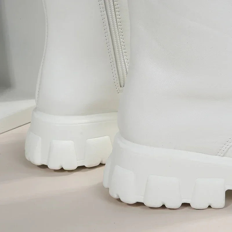 Boots Women 2024 Autumn Winter PU Leather White Ankle Boots Motorcycle Botines Female Chunky Heels Platform Boots Botas Mujer