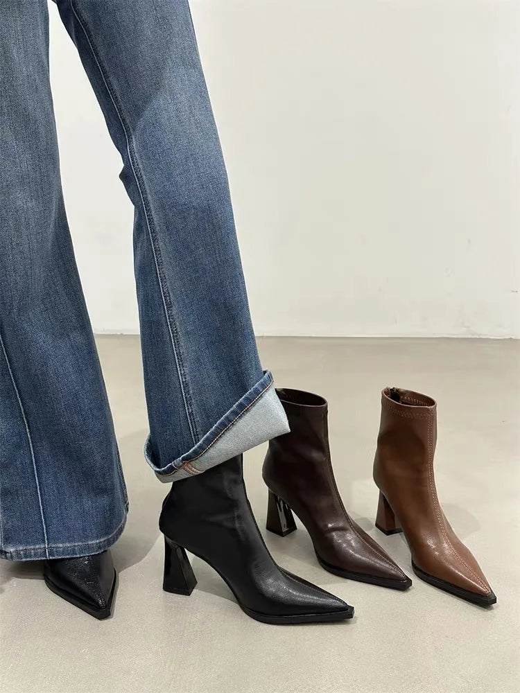 2025 Women Fashion Chelsea Ankle Boots Basic High Heels Boots Pointed Toe Shoes Women Band Non-slip Comfortable Boots 9989