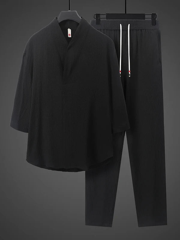 Summer Thin Ice Silk Casual Loose Sve T-irt Two-Piece Set for Young Men Comfortable Breathable Lightweight Long Pants