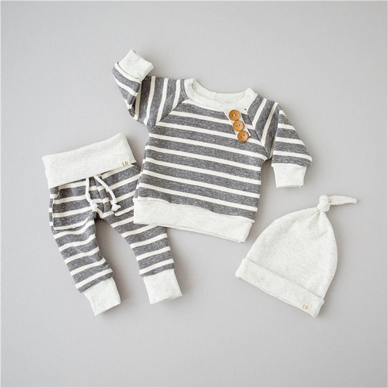 0-18months Baby Boys 3pcs Clothes Set Wide Striped Top Long Drawing Straps Elastic Band Pant Beanie Hat Outfit For Infant Boys