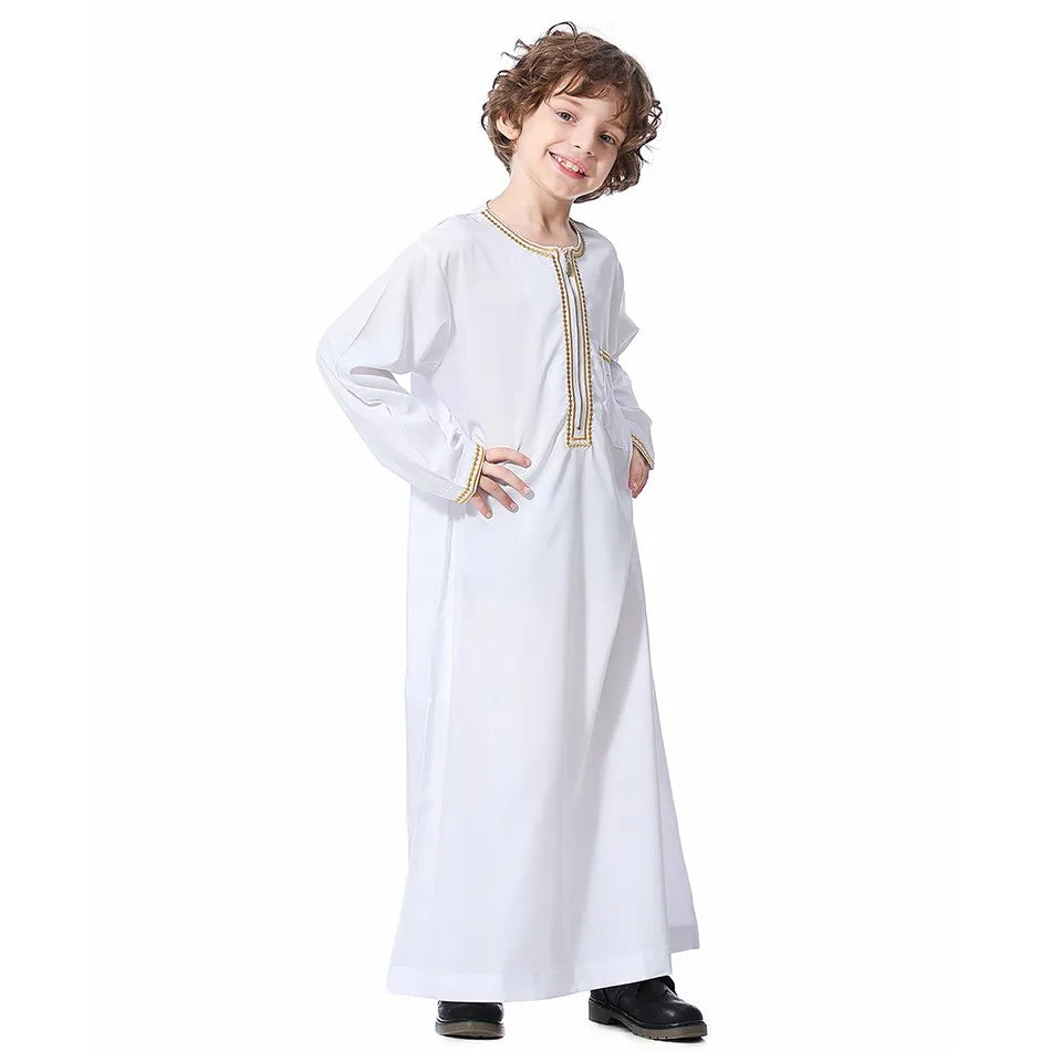 2025 New Children Thawb Teens Summer Muslim Robe Kids Arab Folk Clothes Boys Solid Color Thobe 5-14 Years National Outfit