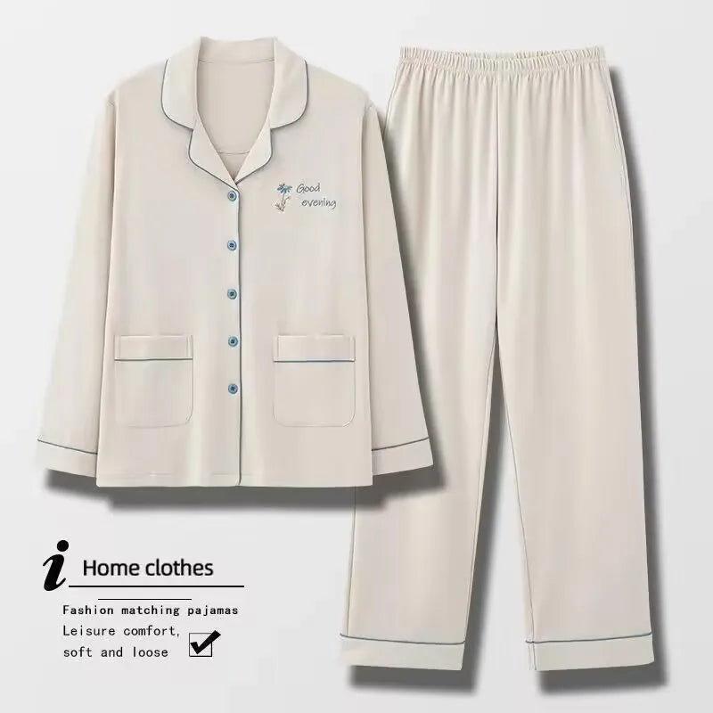Ladies 100% Pure Cotton Long Sleeve Spring Autumn Lightweight Full Cotton Set Cardigan Sleepwear for Middle-Aged Mothers
