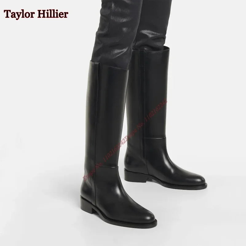 Black Round Toe Slip-On Women'S Boots Patent Leather Thick Heel Flat Knee-High Boots Fashionable Luxury Comfortable Winter Boots