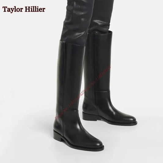Black Round Toe Slip-On Women'S Boots Patent Leather Thick Heel Flat Knee-High Boots Fashionable Luxury Comfortable Winter Boots