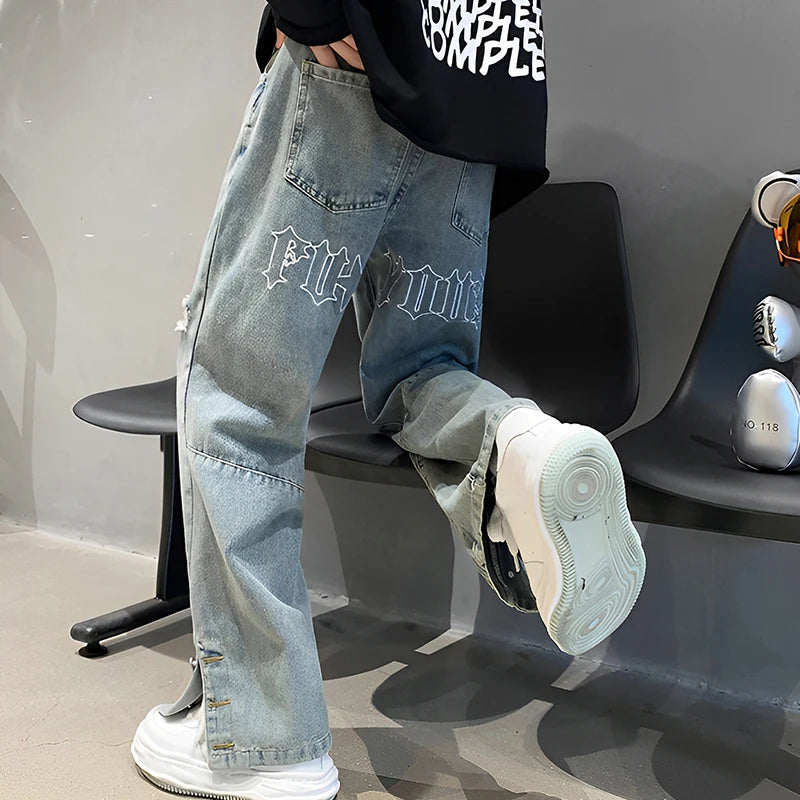 Men's Letter Embroidered Hip Hop Loose Jeans Casual New Broken Holes Streetwear Straight Denim Trousers Male Y2K Baggy Jeans