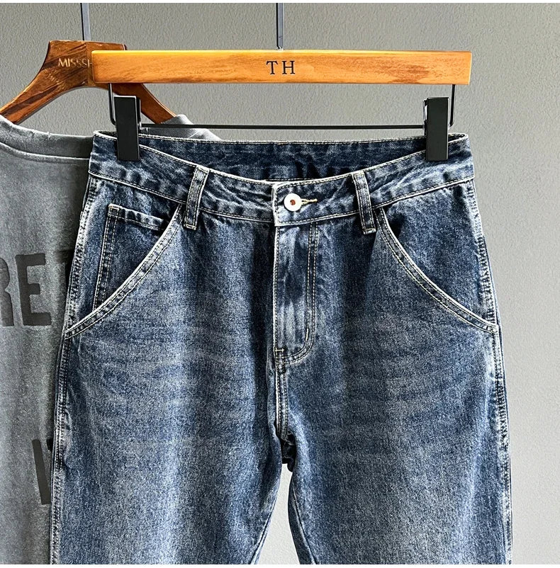 Men's Tapered Jeans Fashion Streetwear Casual Pants Personality Vintage Blue Denim Trousers Hip Hop High Quality Male Clothes
