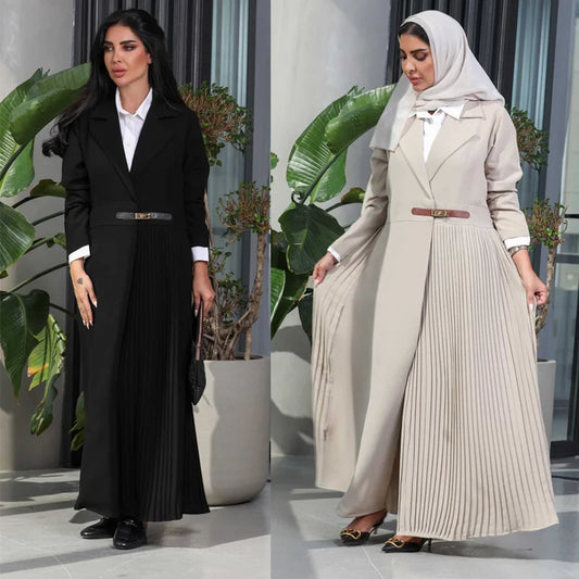 Abaya Cardigan Long Robe Pleated Jacket Muslim Arabic Fashion Leather Button