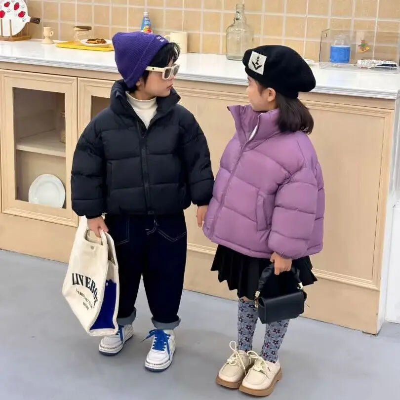 Children Boys Short Thick Parkas Standing Collar Silk Floss Bread Jacket for Boy Girl Letter Warm Solid Toddler Boys Winter Coat